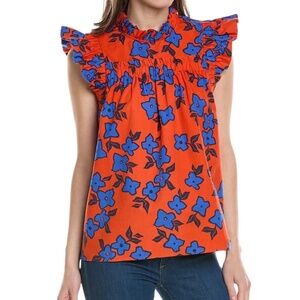 Tyler Boe Womens Eloise Linen-Blend Top Floral Flutter Sleeve Orange and Blue S